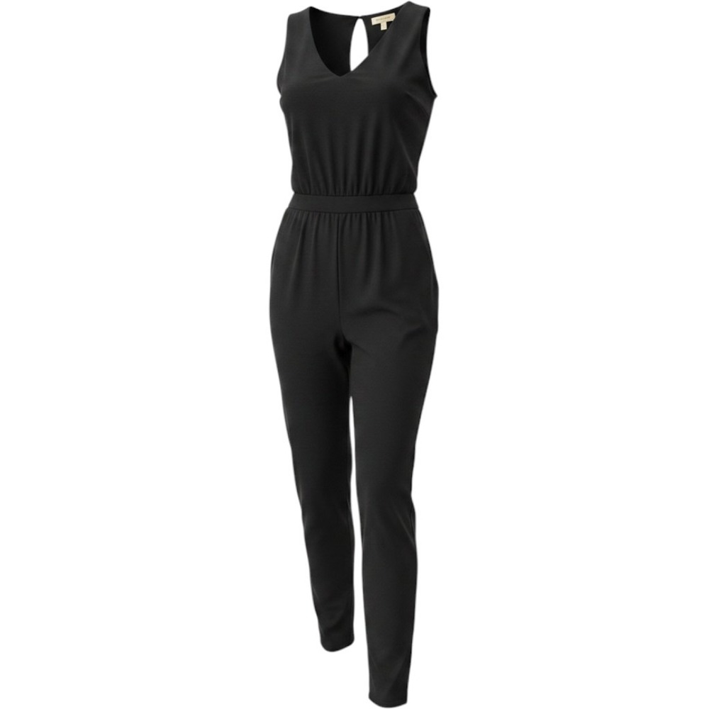 Amour Vert 100% Silk Sleeveless V Neck Cutout Back Tapered Jumpsuit Size S Black